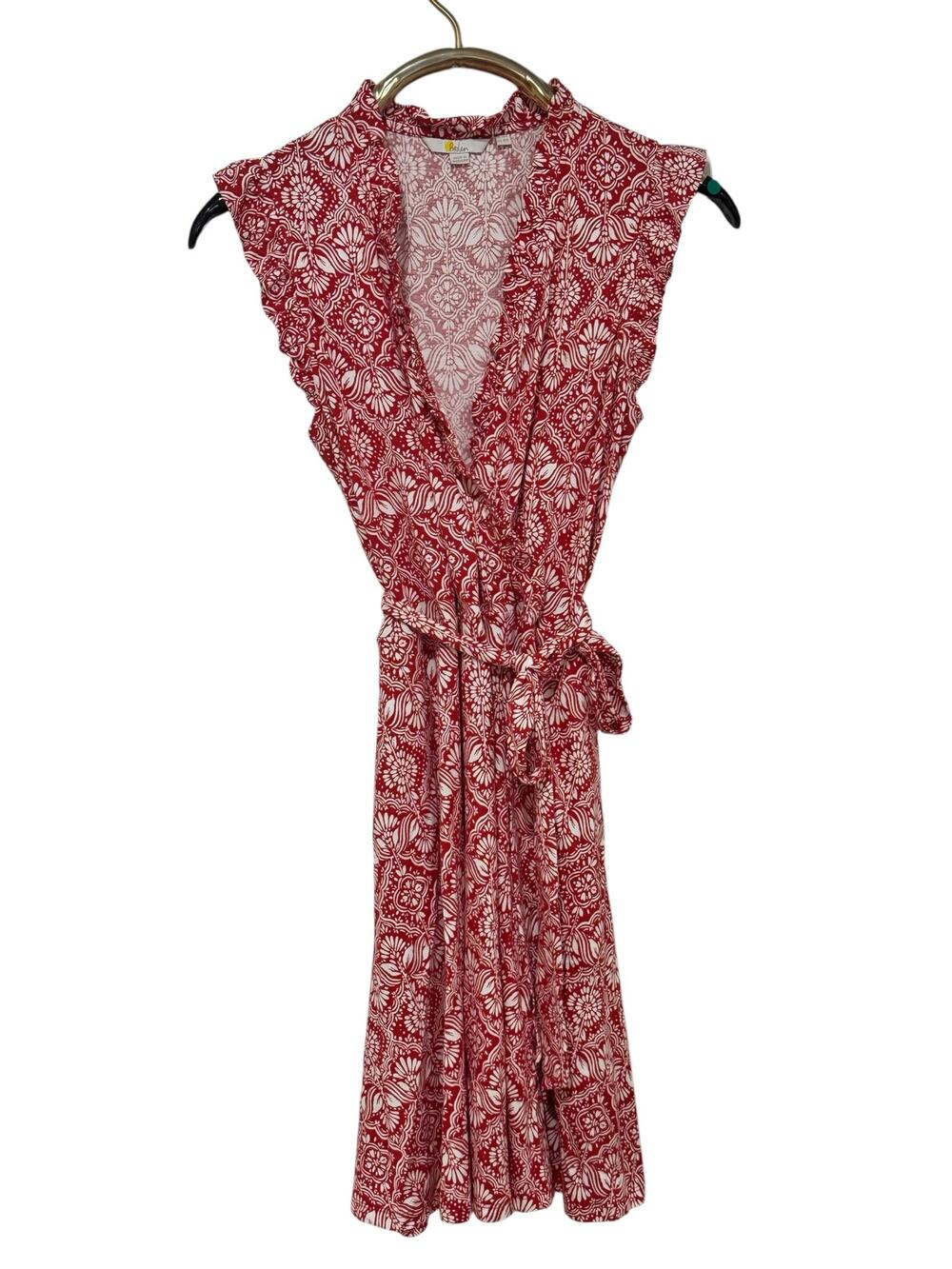 Boden Red & White Deep V Wrap Style Dress Ruffle Trim US 10